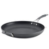 The 14-Inch Hard Anodized Frying Pan, featuring a nonstick surface and two handles, is showcased against a plain background.