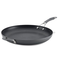 The 14-Inch Hard Anodized Frying Pan, featuring a nonstick surface and two handles, is showcased against a plain background.