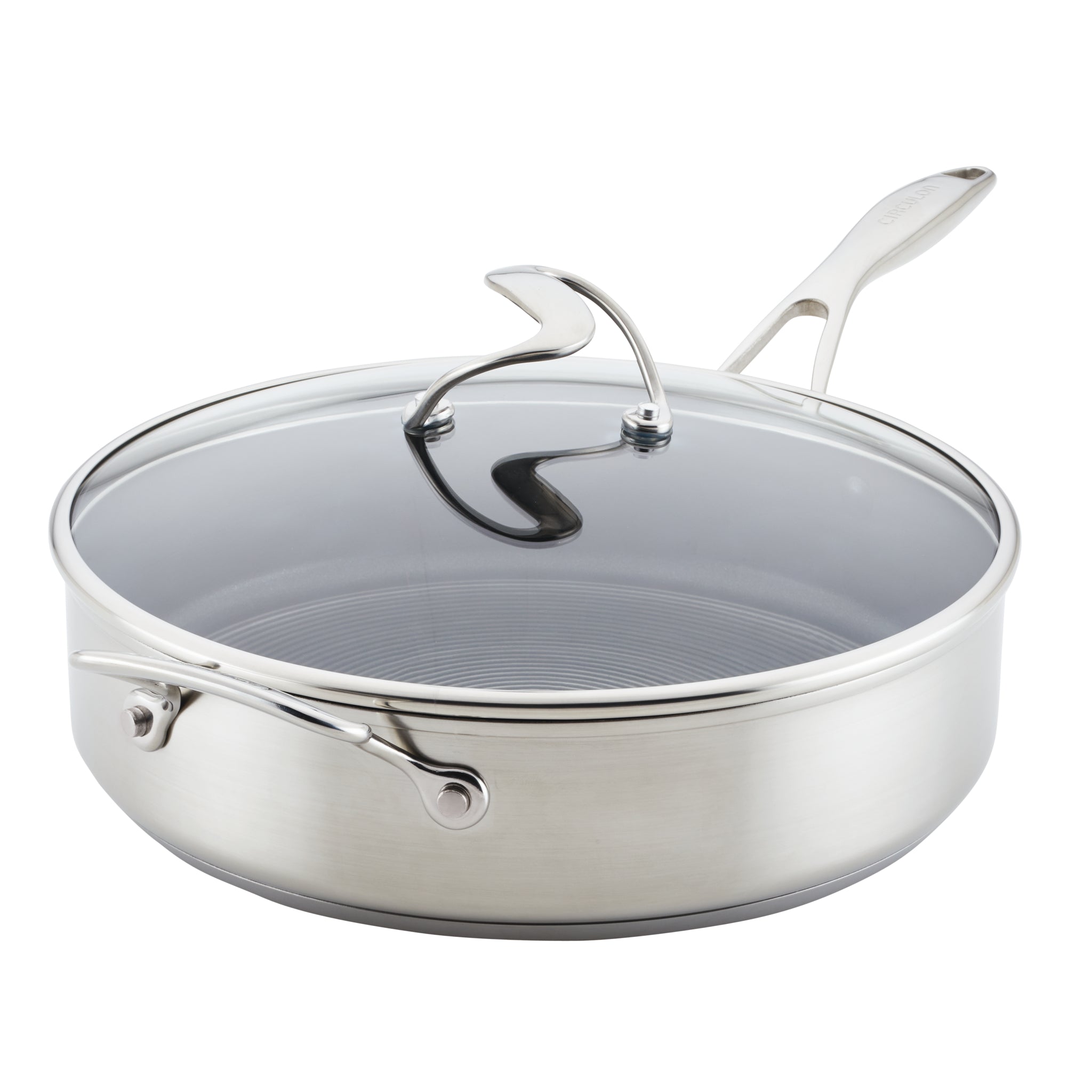 The Hybrid Stainless Steel Sauté Pan boasts a sleek glass lid and sturdy metal handles, ideal for achieving culinary excellence.