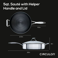 Illustration of the 5 Quart Tri-Ply Clad Nonstick Saute Pan with Lid and Helper Handle, designed in stainless steel and incorporating SteelShield technology for improved nonstick performance, displaying its dimensions.