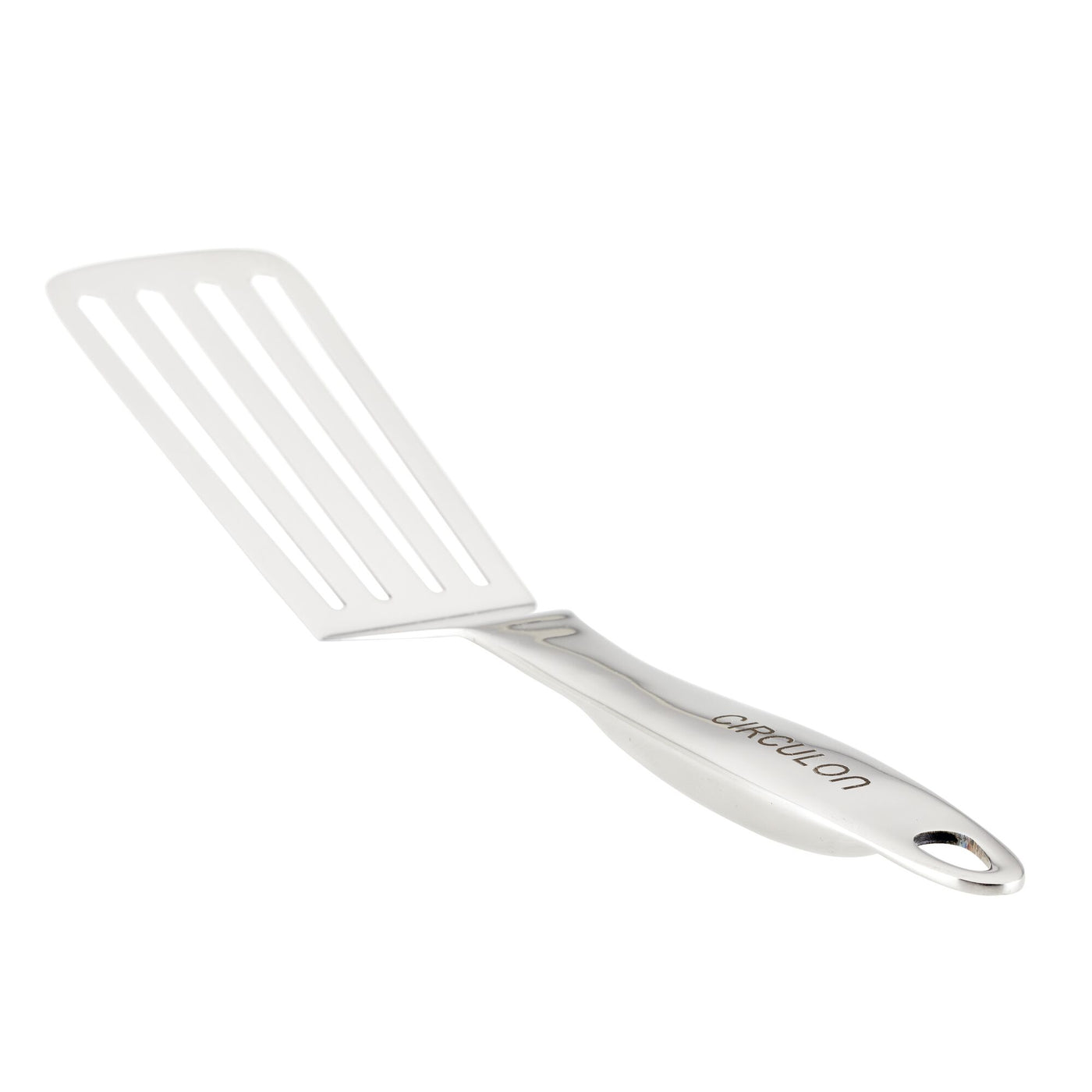 A slotted head spatula with an engraved, ergonomic handle from the 3-Piece Kitchen Utensils Set, perfect for any stainless steel kitchen tools collection.