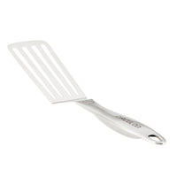 A slotted head spatula with an engraved, ergonomic handle from the 3-Piece Kitchen Utensils Set, perfect for any stainless steel kitchen tools collection.