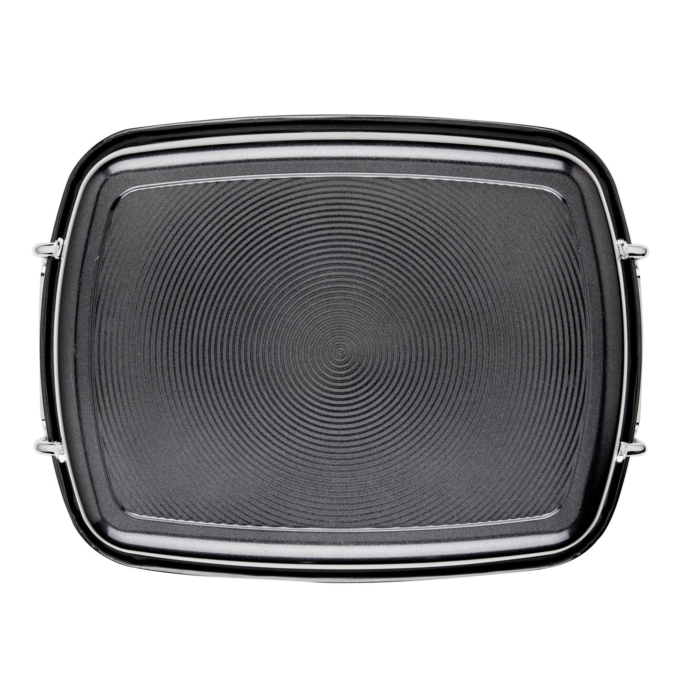 Black nonstick roasting pan with easy-serve handles, viewed from above.