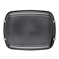 Black nonstick roasting pan with easy-serve handles, viewed from above.