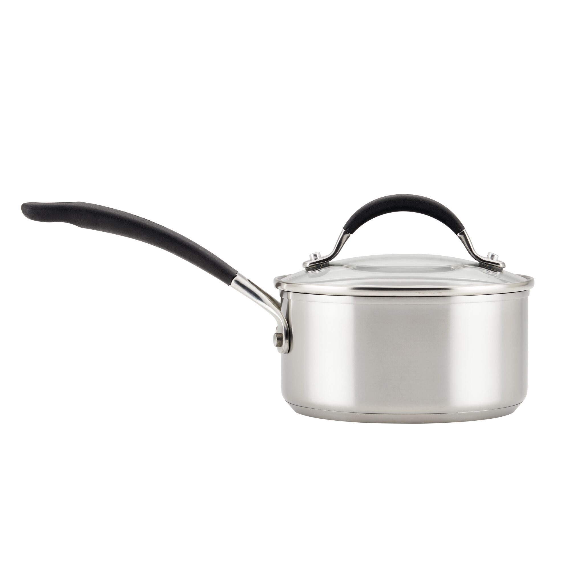 Hybrid stainless steel saucepan from the 10-piece Cookware Set, featuring SteelShield™ technology and a lid with a black handle.