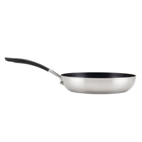 Side view of a frying pan from the 10-piece Hybrid Stainless Steel Cookware Set, featuring SteelShield™ technology and a black handle.