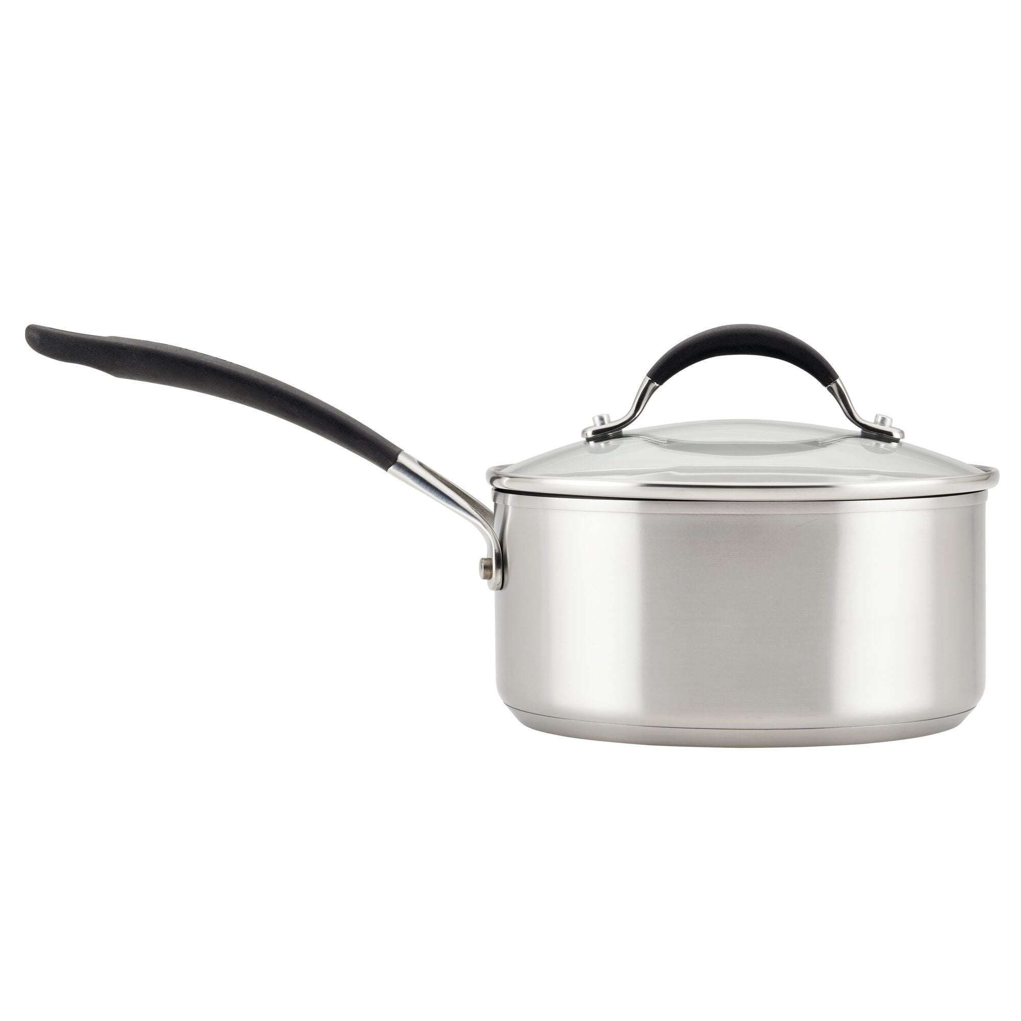 Stainless steel saucepan with a black handle and lid, included in the 10-piece Hybrid Stainless Steel Cookware Set, featuring innovative SteelShield™ technology for enhanced durability.