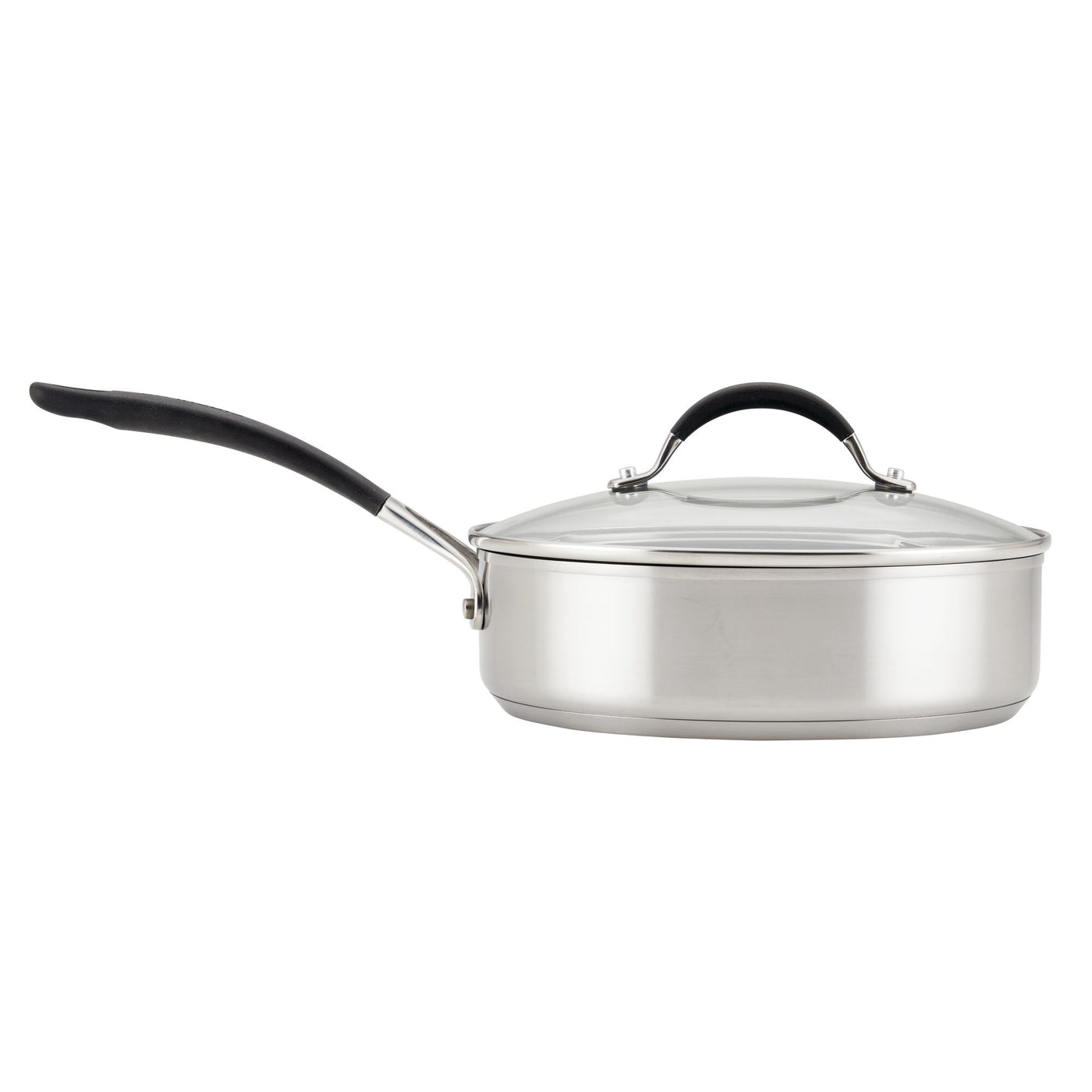 Part of the 10-piece Hybrid Stainless Steel Cookware Set, this saucepan includes a lid, a black handle, and boasts SteelShield™ technology for superior durability.