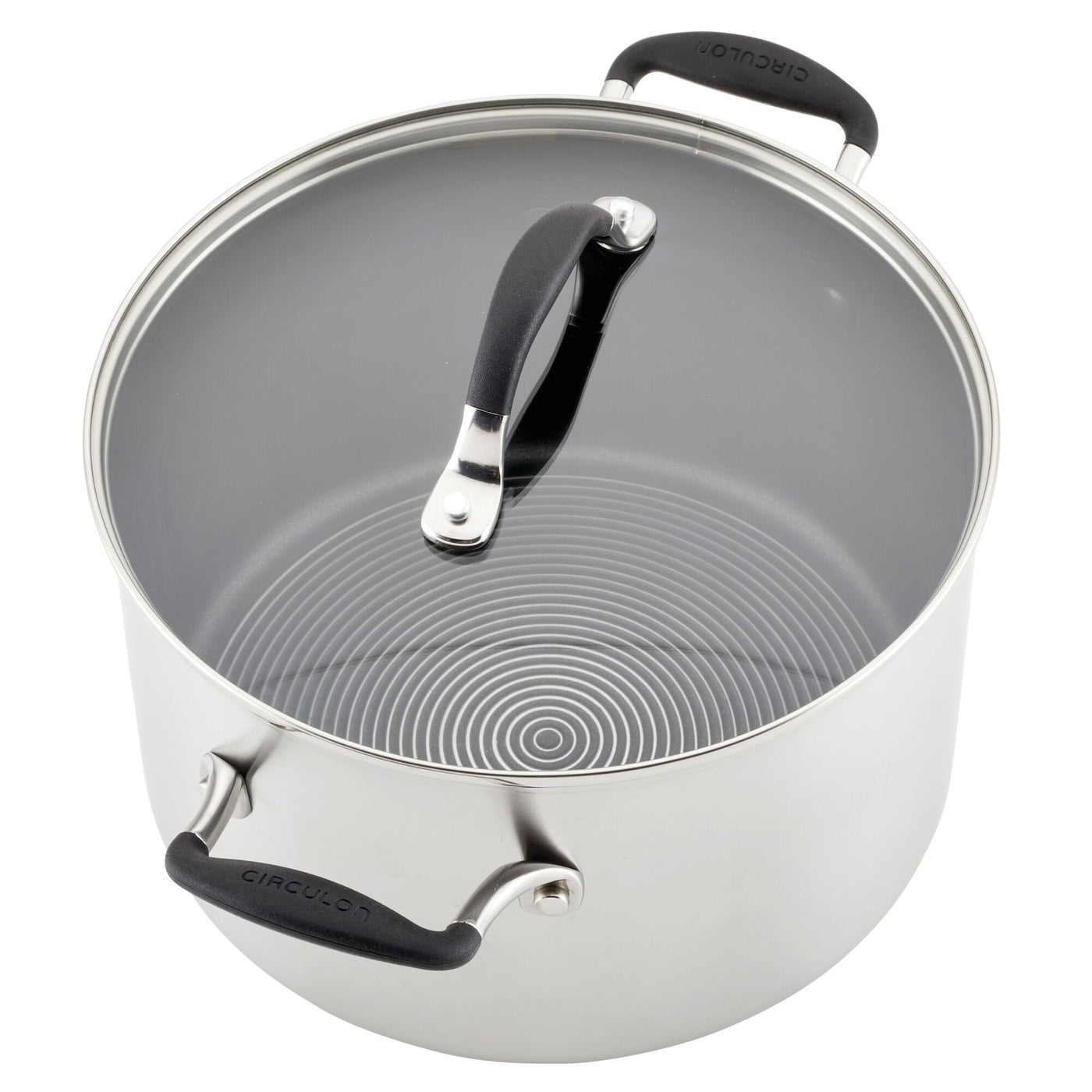 The 10-piece Hybrid Stainless Steel Cookware Set includes a silver pot with black handles and a circular pattern on the bottom interior, enhanced by SteelShield™ technology for improved durability.