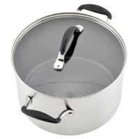 The 10-piece Hybrid Stainless Steel Cookware Set includes a silver pot with black handles and a circular pattern on the bottom interior, enhanced by SteelShield™ technology for improved durability.