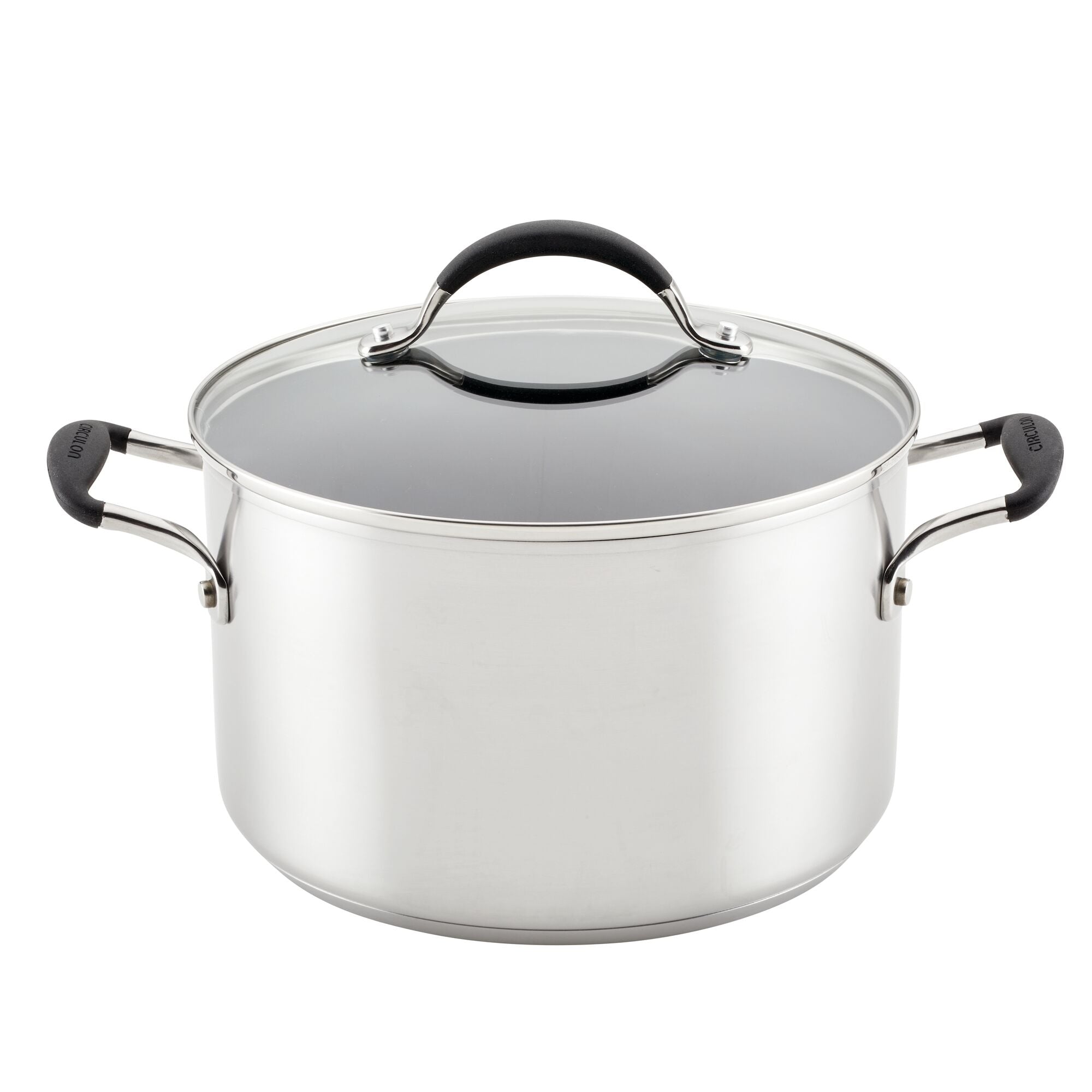 The 10-piece Hybrid Stainless Steel Cookware Set includes a stainless steel pot equipped with innovative SteelShield™ technology, and it comes with a glass lid and black handles.