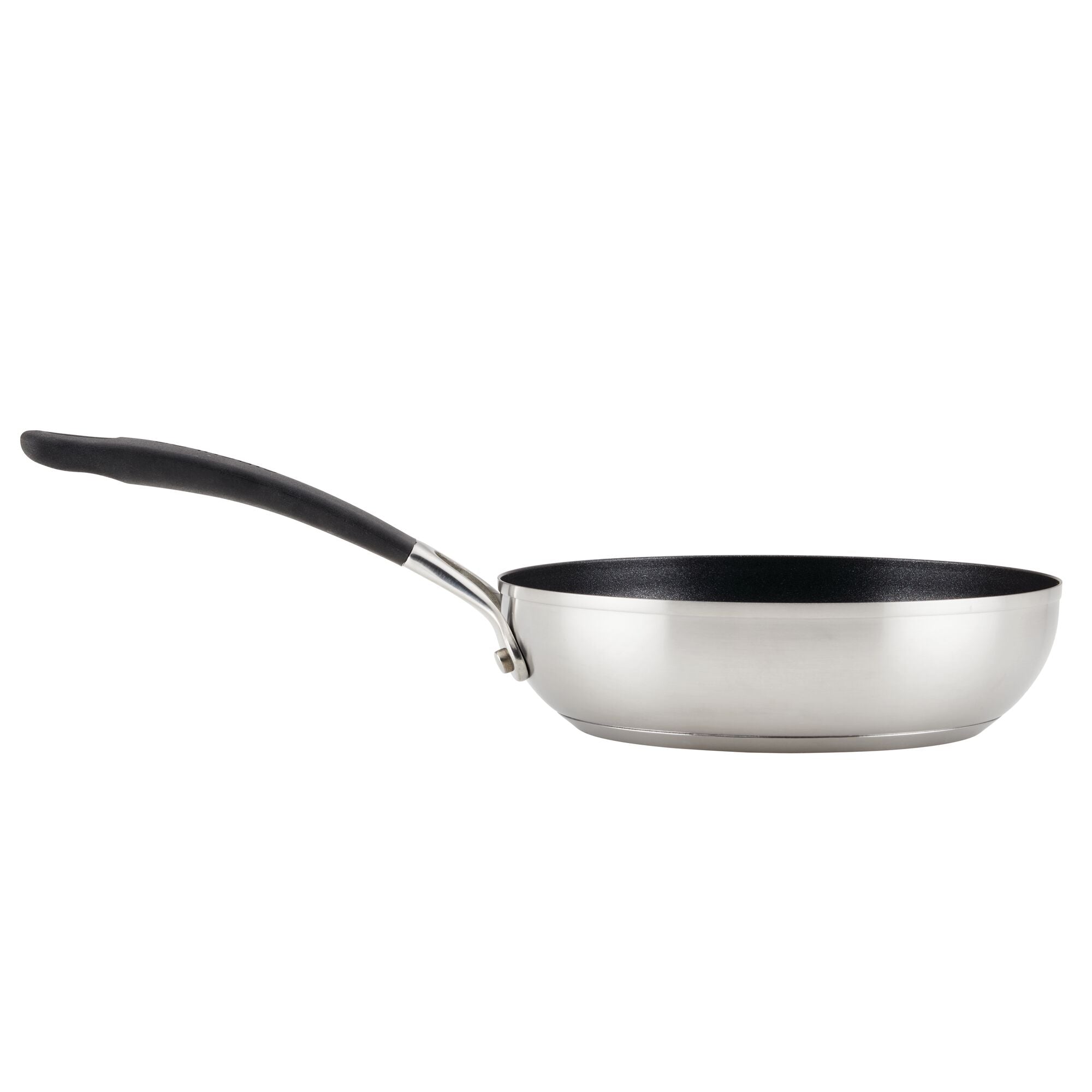 Stainless steel frying pan with a black handle, part of the 10-piece Hybrid Stainless Steel Cookware Set, features SteelShield™ technology for enhanced durability.