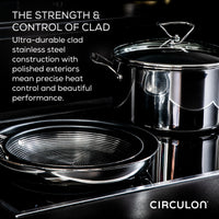 The 5 Quart Tri-Ply Clad Nonstick Saute with Lid and Helper Handle gleams on a black stovetop, featuring promotional text.