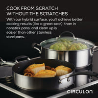 Two pans from the 10-piece Hybrid Stainless Steel Cookware Set are on the stove; one features SteelShield™ technology for effortless cooking and cleaning, while the other includes a lid to lock in flavors.