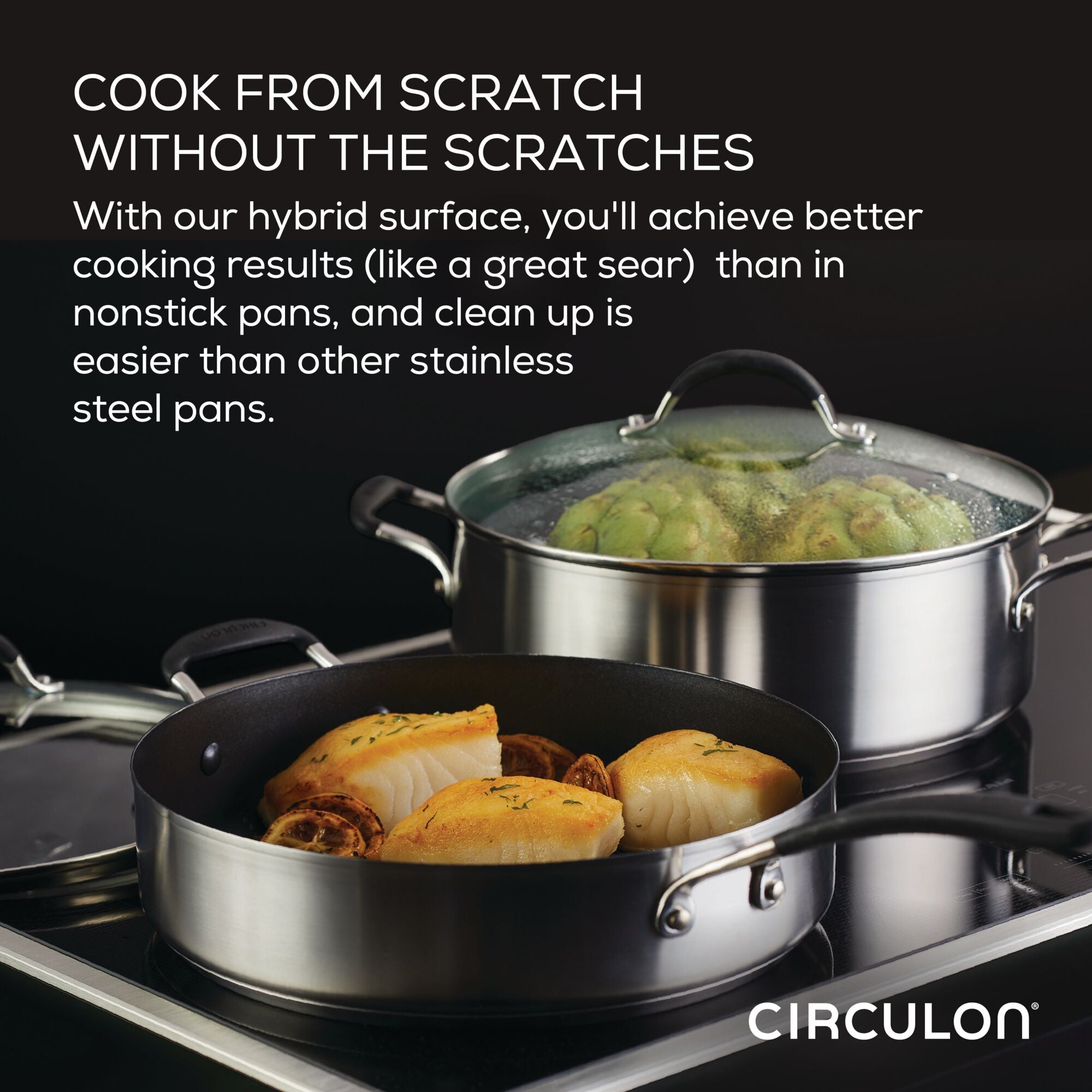 Two pans from the 10-piece Hybrid Stainless Steel Cookware Set are on the stove; one features SteelShield™ technology for effortless cooking and cleaning, while the other includes a lid to lock in flavors.