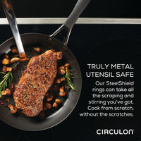 The 10-piece Hybrid Stainless Steel Cookware Set with SteelShield™ technology ensures even cooking, making steak sizzle in a nonstick pan as chestnuts and fragrant rosemary sprigs surround it, achieving the perfect sear every time.