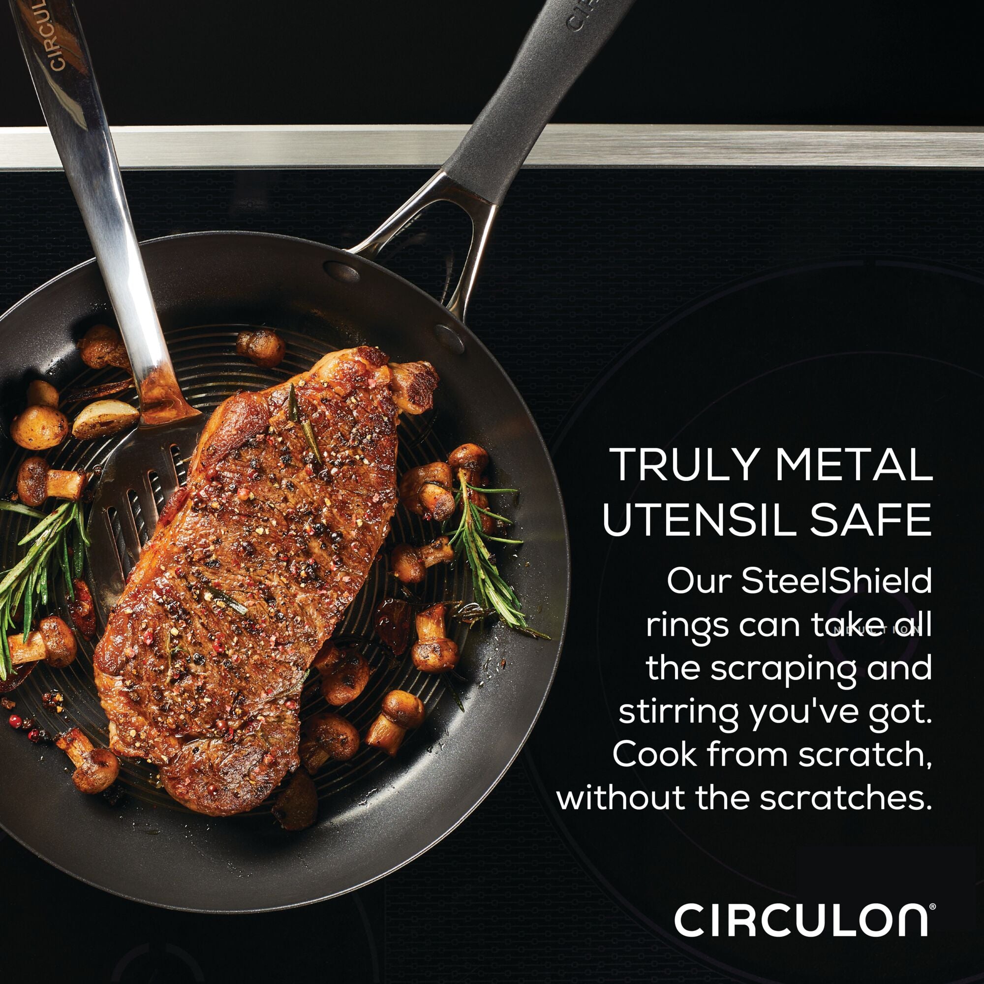 The 10-piece Hybrid Stainless Steel Cookware Set with SteelShield™ technology ensures even cooking, making steak sizzle in a nonstick pan as chestnuts and fragrant rosemary sprigs surround it, achieving the perfect sear every time.