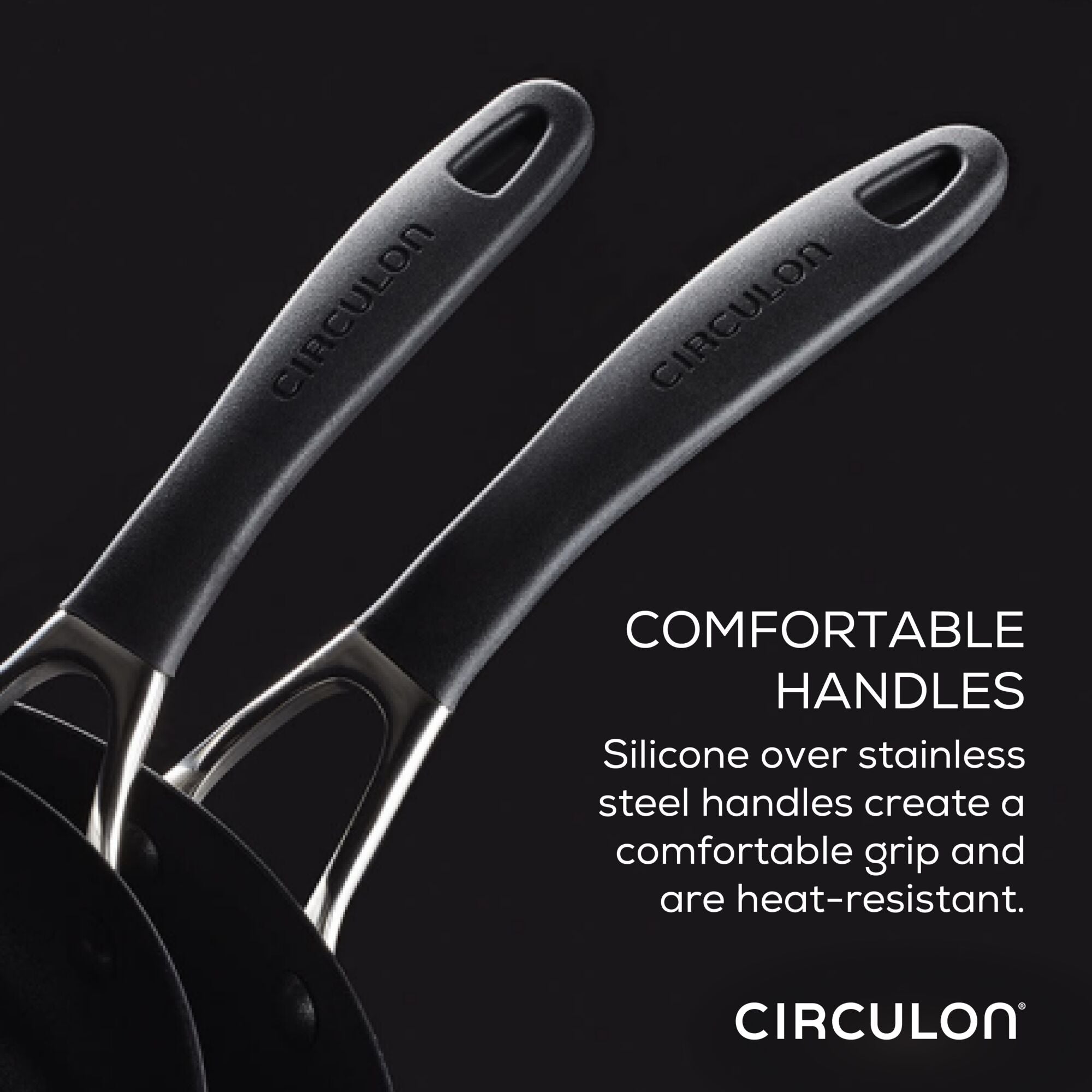 Two black pots from the 10-piece Hybrid Stainless Steel Cookware Set feature silicone over stainless steel handles with SteelShield™ technology.