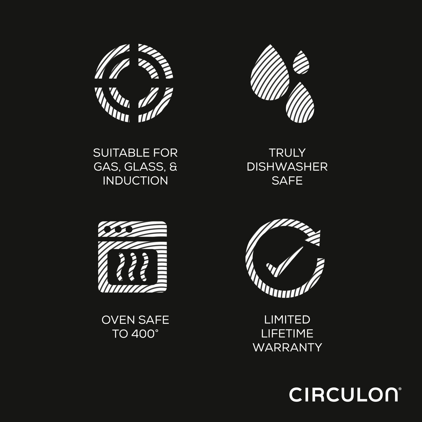 Icons illustrate the suitability of the 10-piece Hybrid Stainless Steel Cookware Set, highlighting its SteelShield™ technology, nonstick surfaces, and warranty details.