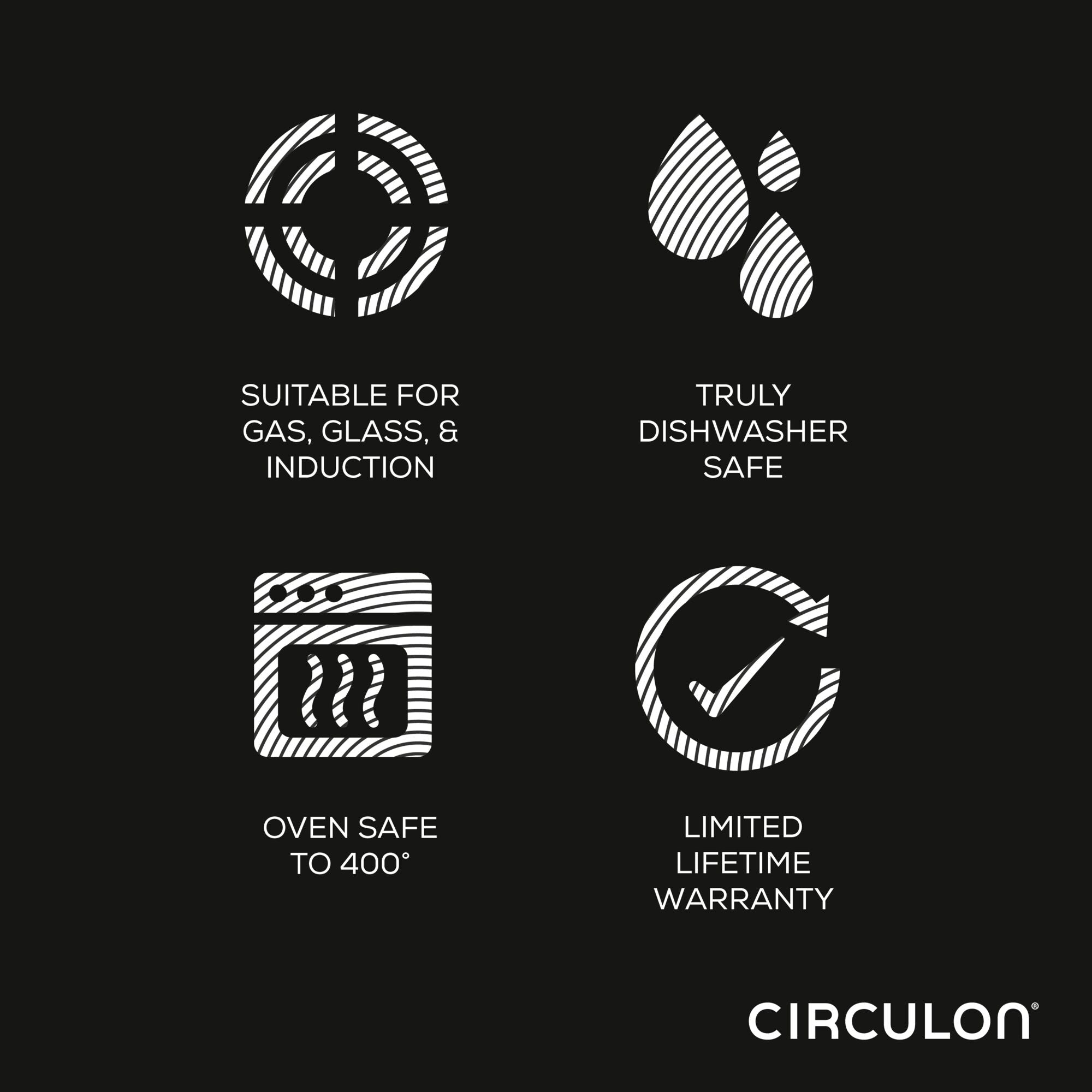 Icons illustrate the suitability of the 10-piece Hybrid Stainless Steel Cookware Set, highlighting its SteelShield™ technology, nonstick surfaces, and warranty details.