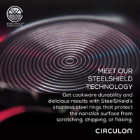 Close-up of the 10-piece Hybrid Stainless Steel Cookware Set featuring SteelShield™ technology that enhances its hybrid nonstick surface.