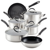 Introducing the 10-piece Hybrid Stainless Steel Cookware Set, a stylish collection of silver pots and pans equipped with black handles and enhanced with nonstick surfaces for effortless cooking and cleaning.