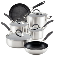Introducing the 10-piece Hybrid Stainless Steel Cookware Set, a stylish collection of silver pots and pans equipped with black handles and enhanced with nonstick surfaces for effortless cooking and cleaning.