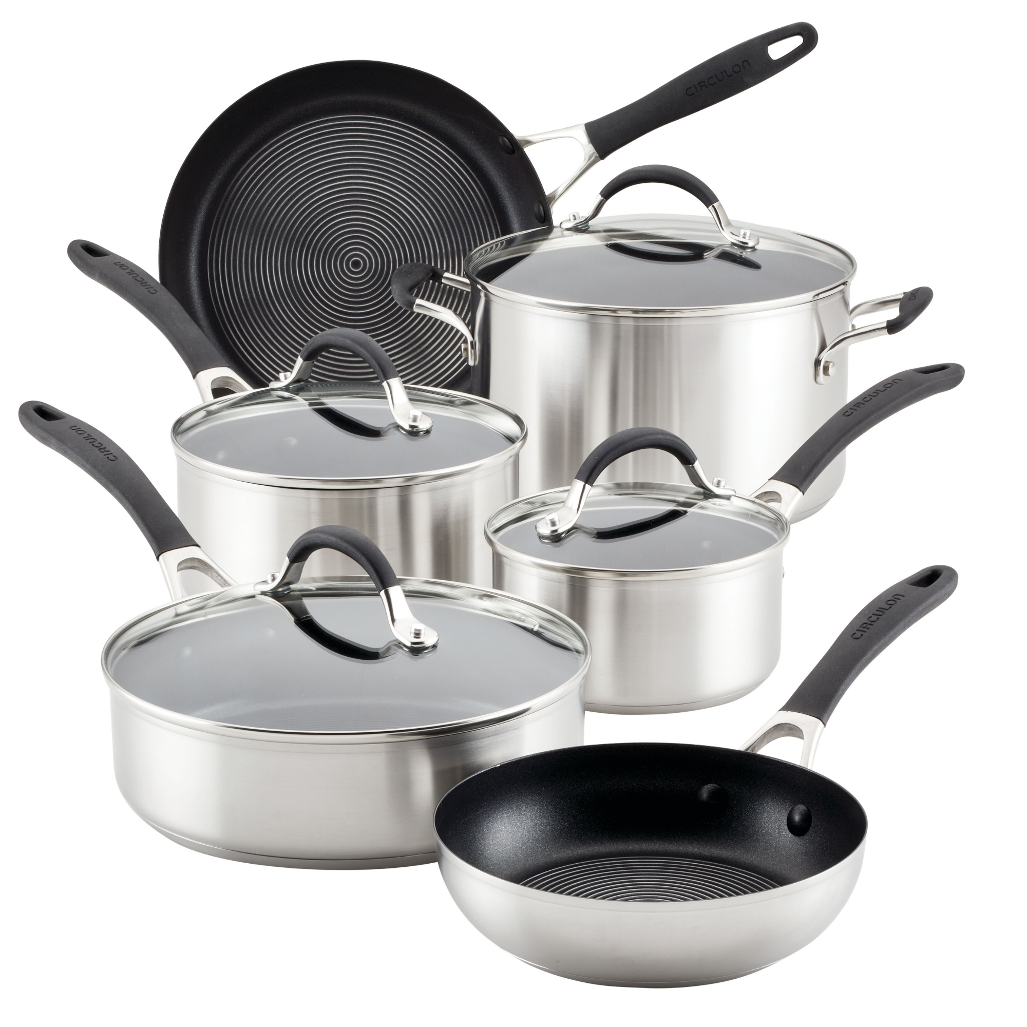 Introducing the 10-piece Hybrid Stainless Steel Cookware Set, a stylish collection of silver pots and pans equipped with black handles and enhanced with nonstick surfaces for effortless cooking and cleaning.