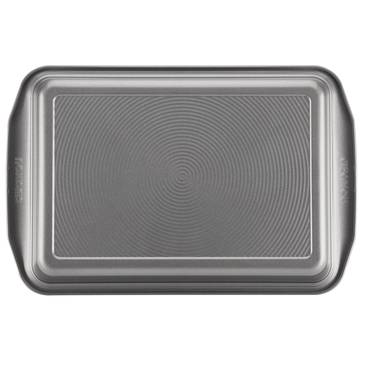 Metallic 9" x 13" rectangular cake pan featuring a textured surface and enhanced nonstick technology.
