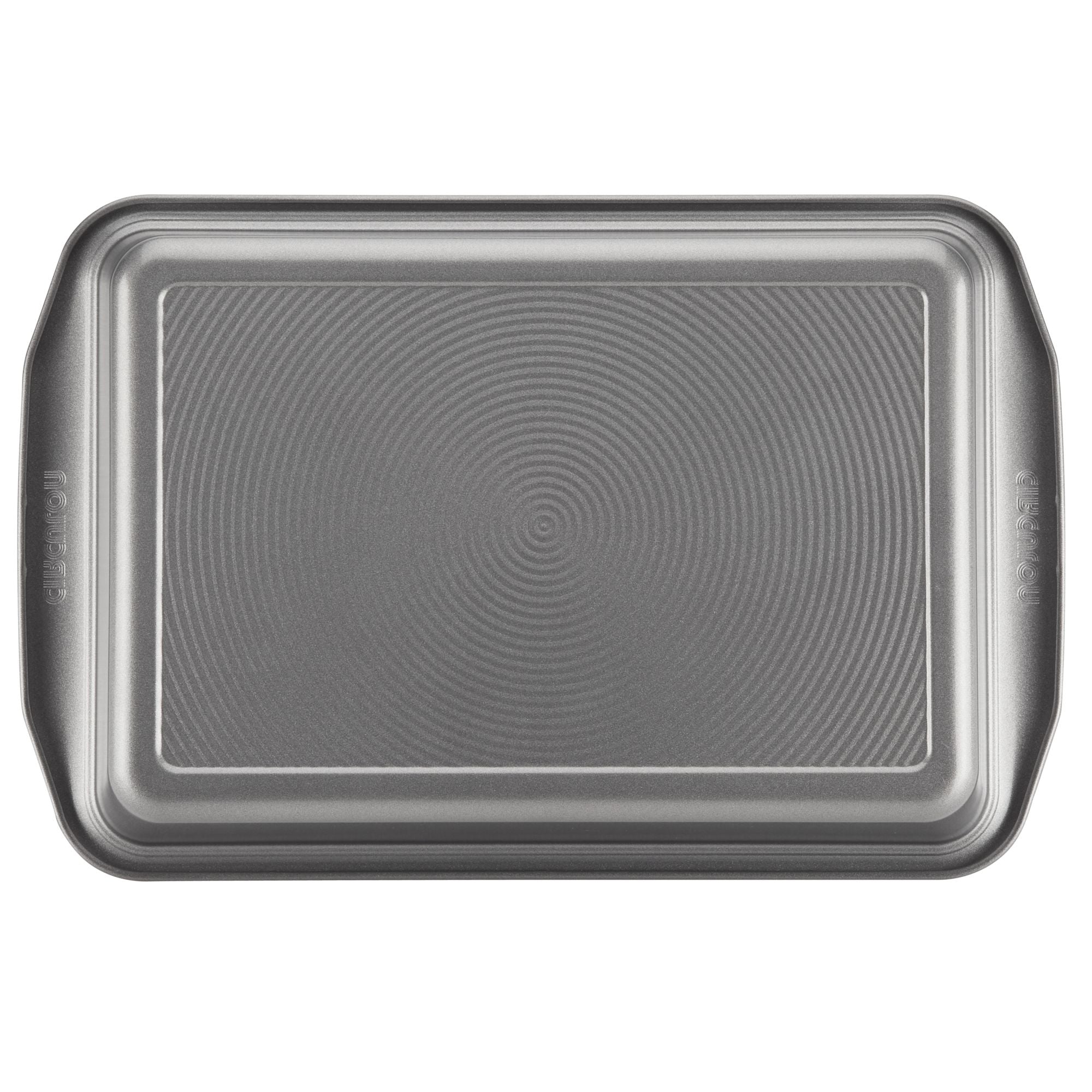 Metallic 9" x 13" rectangular cake pan featuring a textured surface and enhanced nonstick technology.