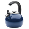 2-Quart Whistling Teakettle with Flip-Up Spout, featuring a blue enamel finish on steel and a black handle and spout, shown from the side.
