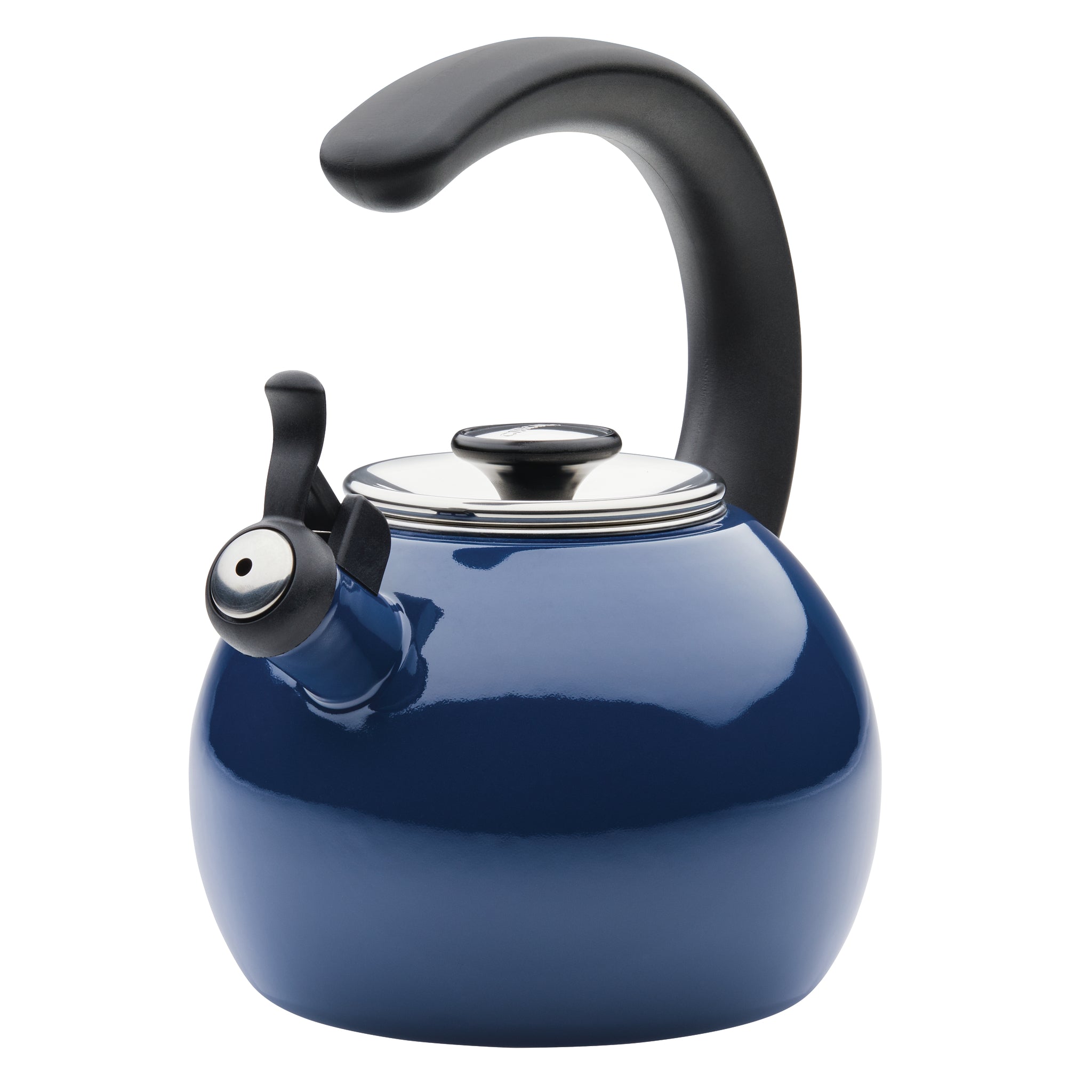 2-Quart Whistling Teakettle with Flip-Up Spout, featuring a blue enamel finish on steel and a black handle and spout, shown from the side.