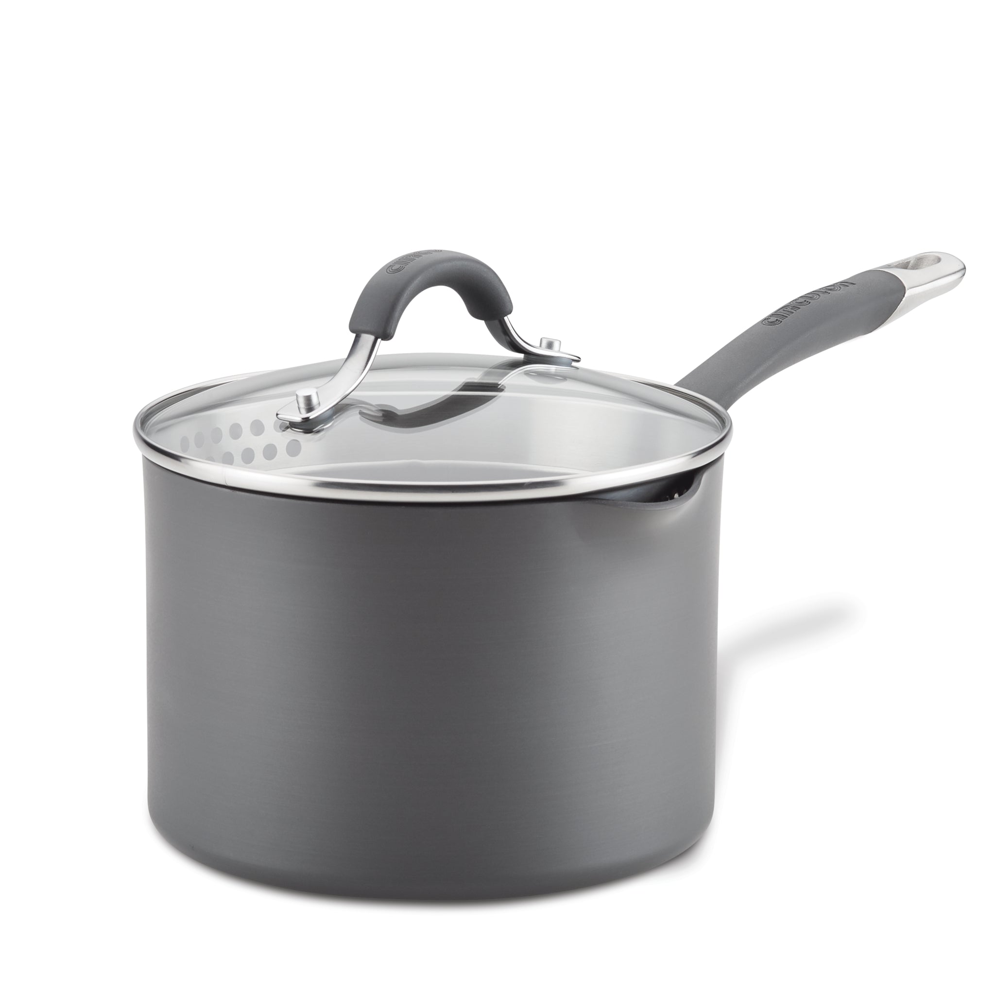 Introducing the 3-Quart Nonstick Straining Saucepan, designed in gray with a durable hard-anodized construction, this saucepan features a glass lid and a long handle for ease of use.