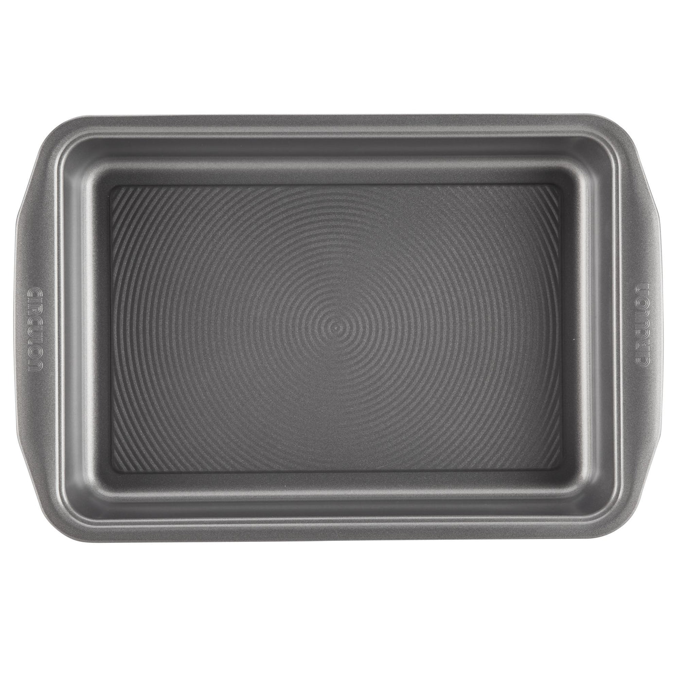9" x 13" Nonstick Rectangular Cake Pan with a ridged surface, highlighting its sturdy design and nonstick technology, seen from above.
