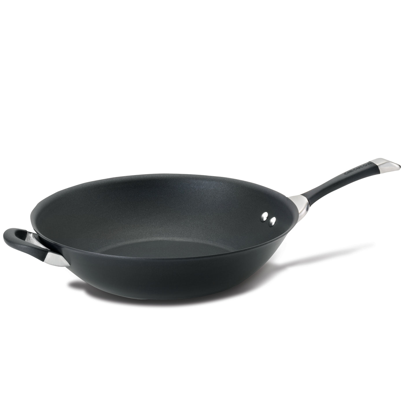 14-inch nonstick stir fry pan with a black hard-anodized finish and a stainless steel handle against a white background.