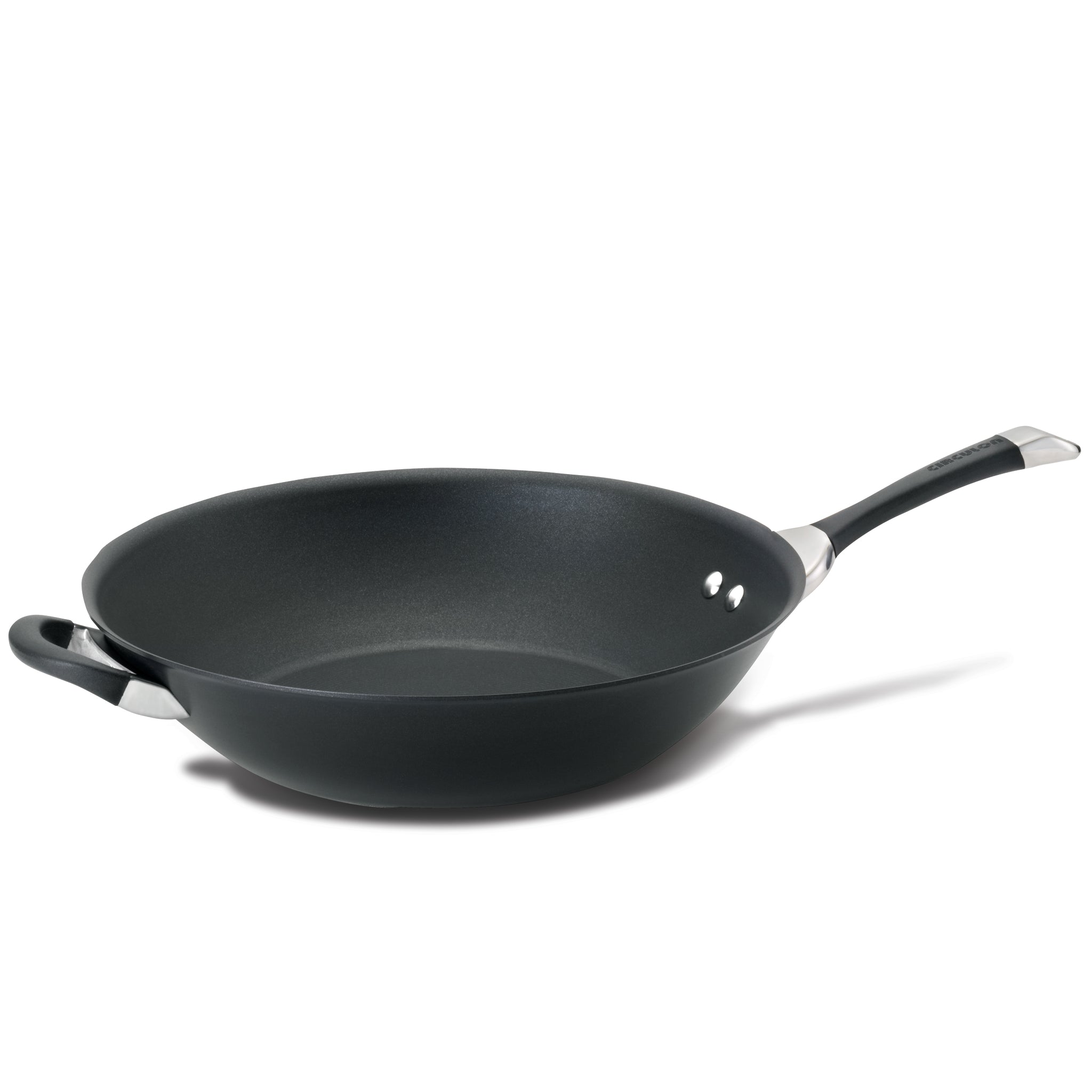 14-inch nonstick stir fry pan with a black hard-anodized finish and a stainless steel handle against a white background.