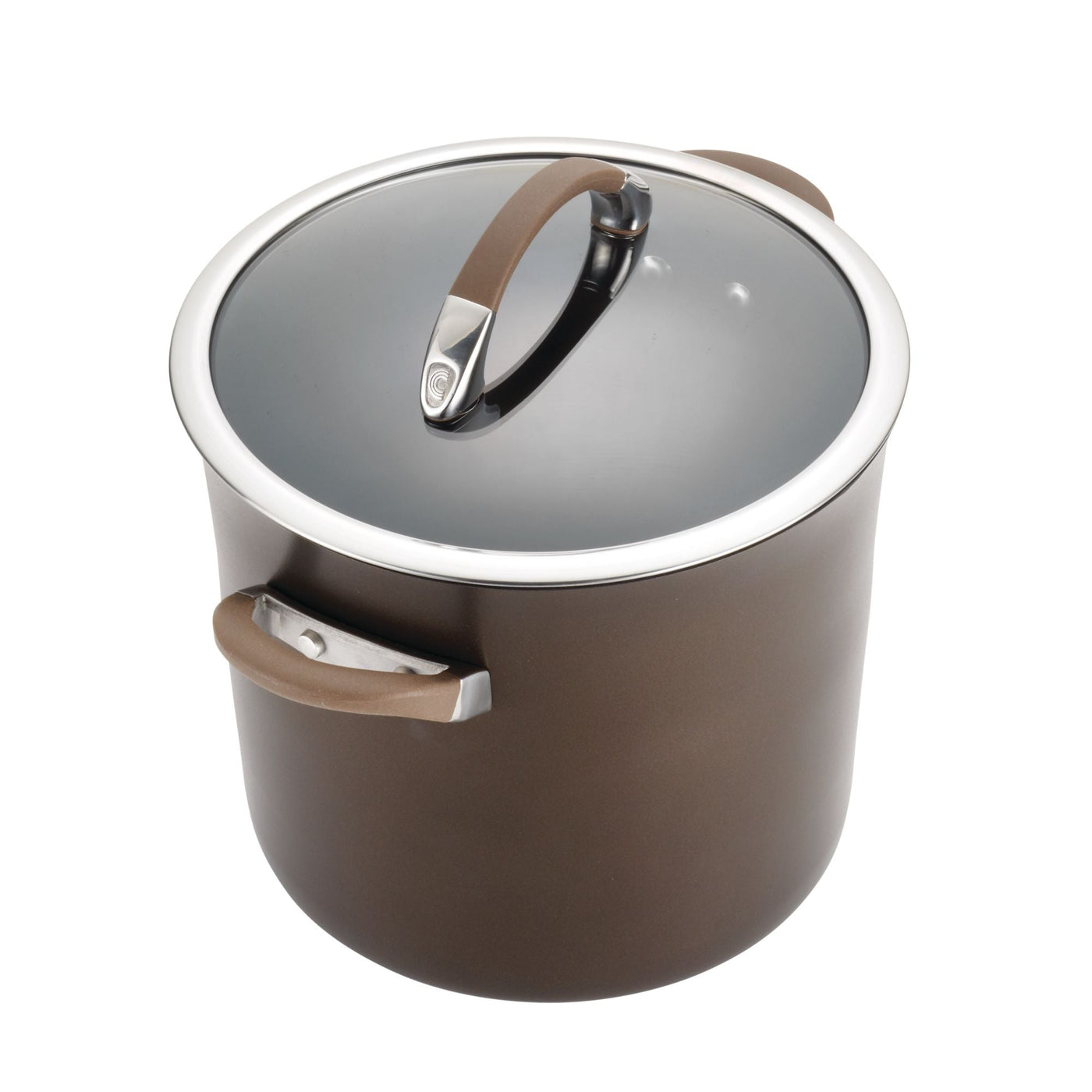 A large brown pot with a lid and two handles, designed for durability with hard-anodized construction, from the 11-Piece Cookware Set: Nonstick & Hard-Anodized.