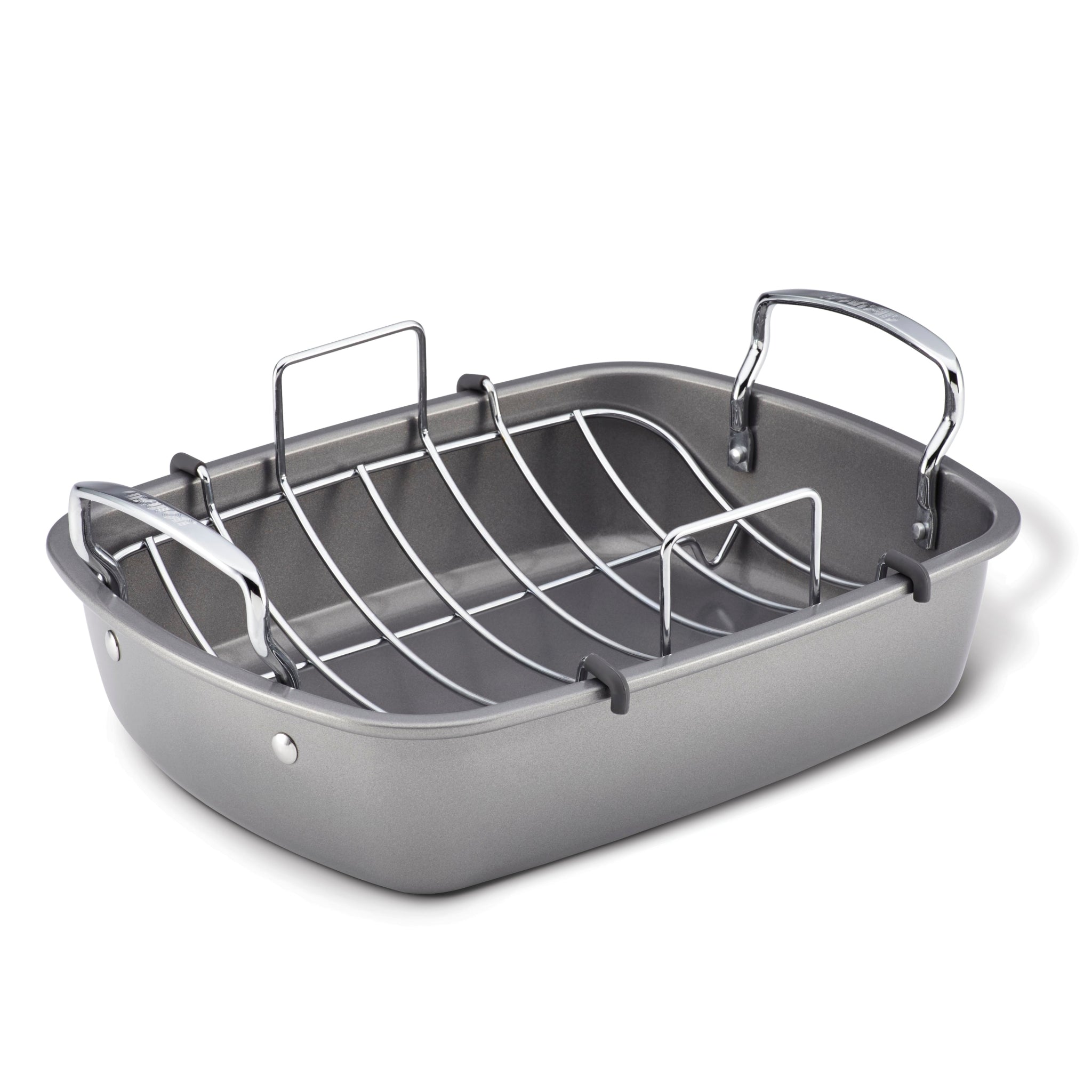 Nonstick Roasting Pan with Rack in gray, equipped with sturdy metal handles and an oven-safe U-rack for effortless cooking.