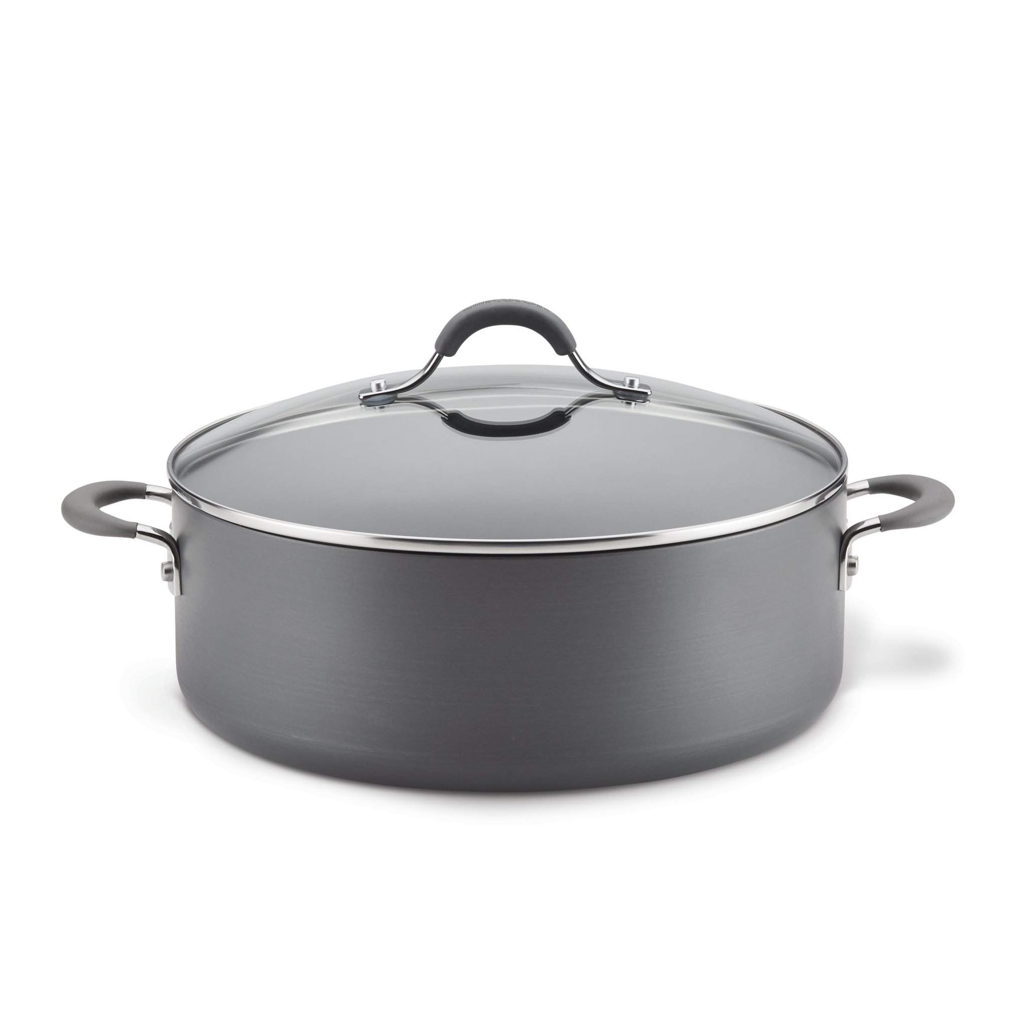 The 7.5-Quart Nonstick Wide Stockpot, crafted from hard-anodized aluminum, is a large gray cooking pot featuring black handles and a glass lid, ideal for preparing one-pot meals effortlessly.
