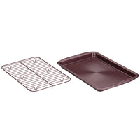 2-Piece 10" x 15" Nonstick Cookie Pan Set and cooling rack on white background.