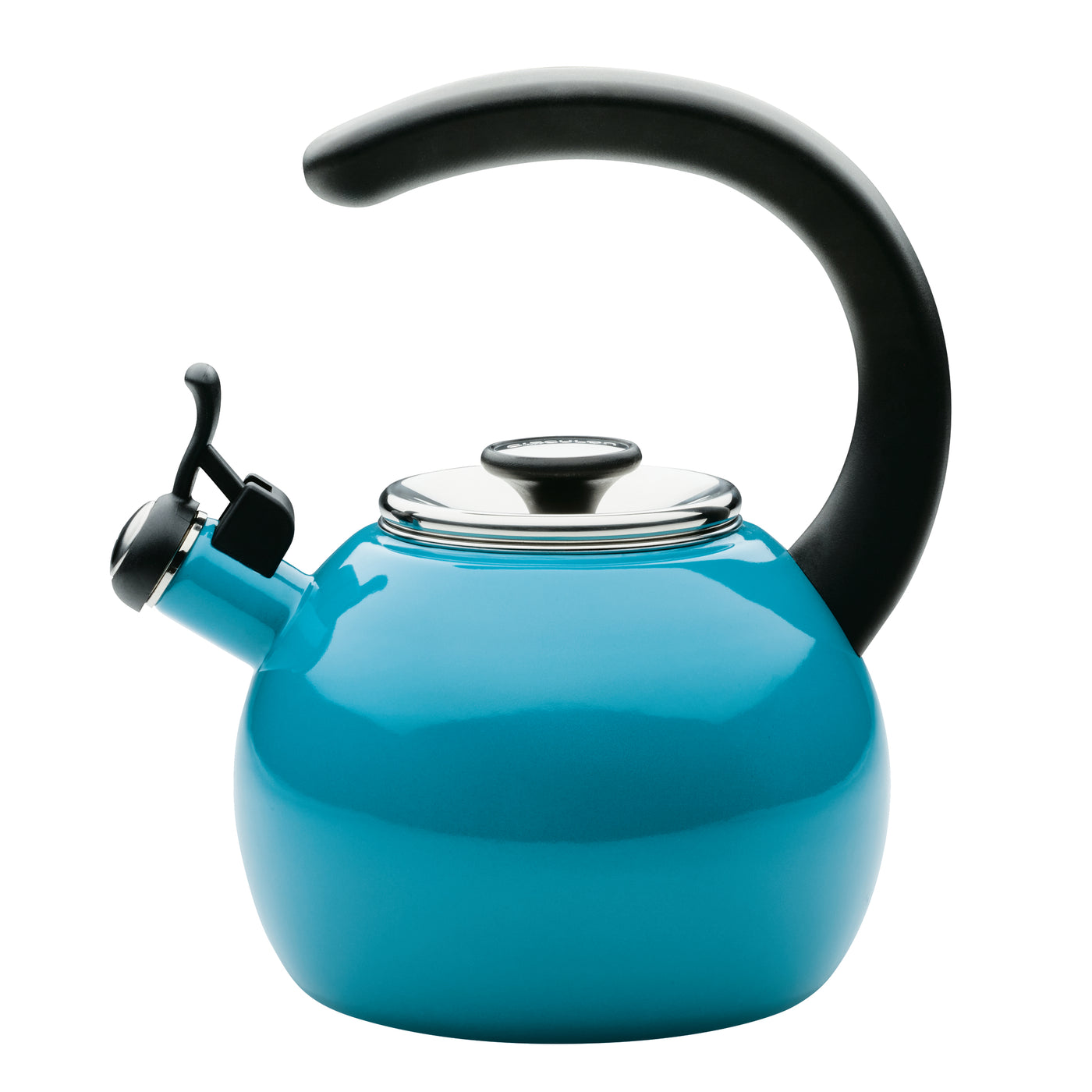 A 2-quart whistling teakettle featuring a blue enamel on steel design for durability, paired with a black curved handle and flip-up spout, set against a white background. The stain-resistant finish ensures it remains pristine over time.