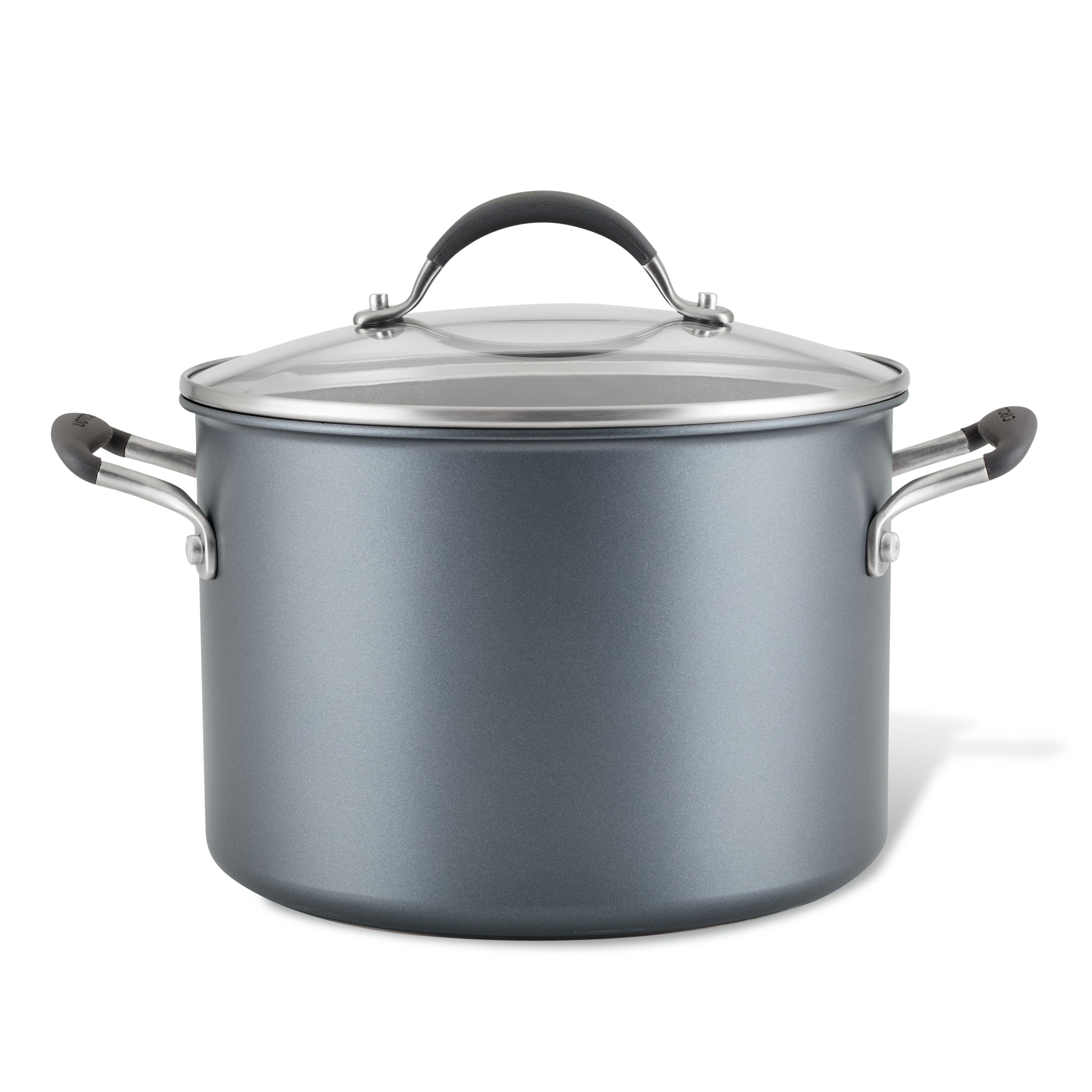 Gray 8-Quart ScratchDefense™ Stockpot with nonstick lid and black handles.