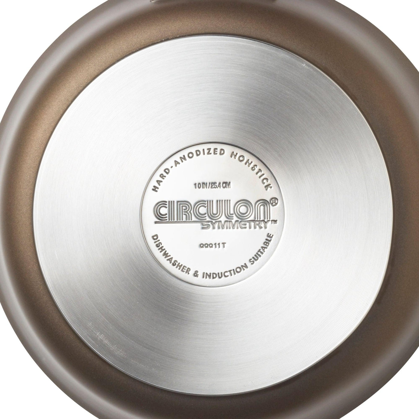 Bottom of an 8.5-Inch Nonstick Frying Pan by Circulon Symmetry, showcasing branding details and incorporating the TOTAL Nonstick System for exceptional performance on induction cooktops.
