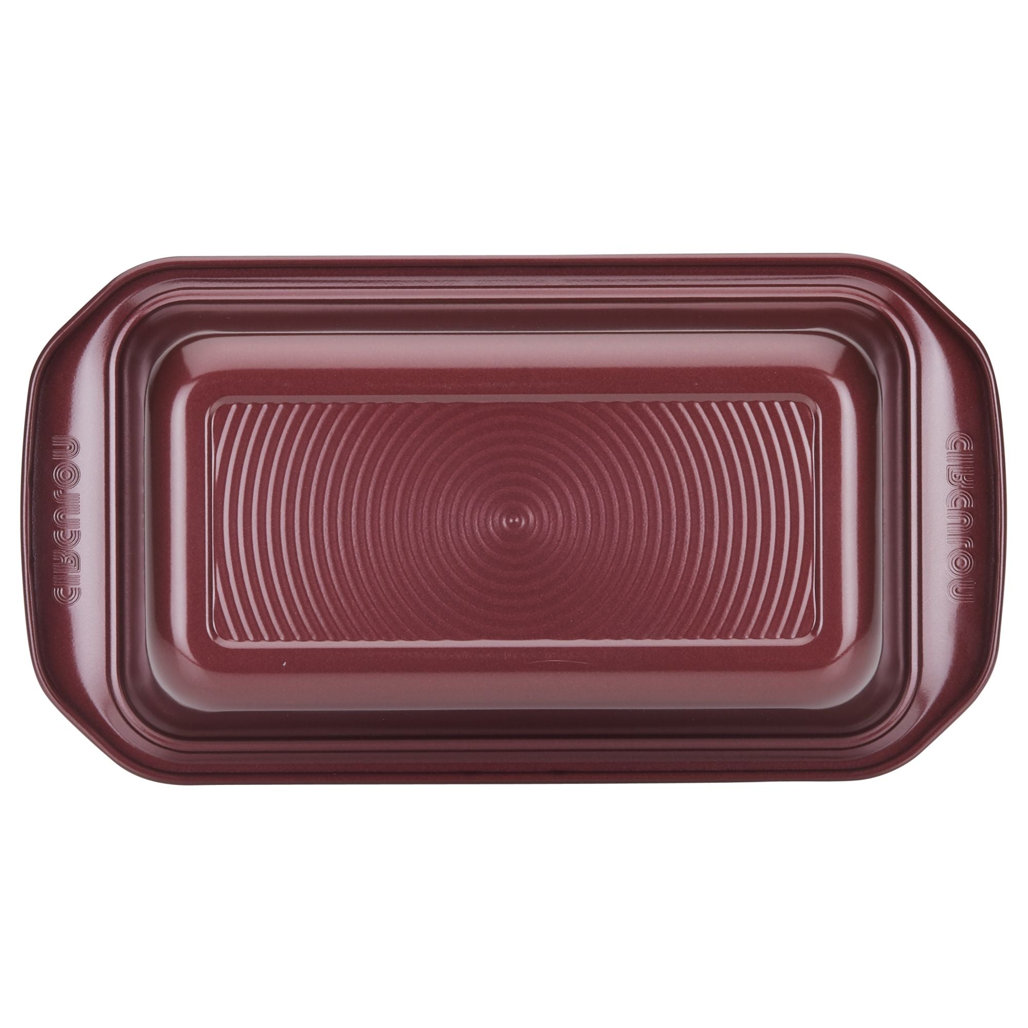 9" x 5" Nonstick Bakeware Loaf Pan crafted with premium quality, featuring a maroon finish and a circular pattern on the bottom.