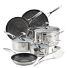 The 11-Piece Clad Stainless Steel and Hybrid Nonstick Cookware Set boasts black non-stick interiors and utensils, enhanced with innovative SteelShield technology.