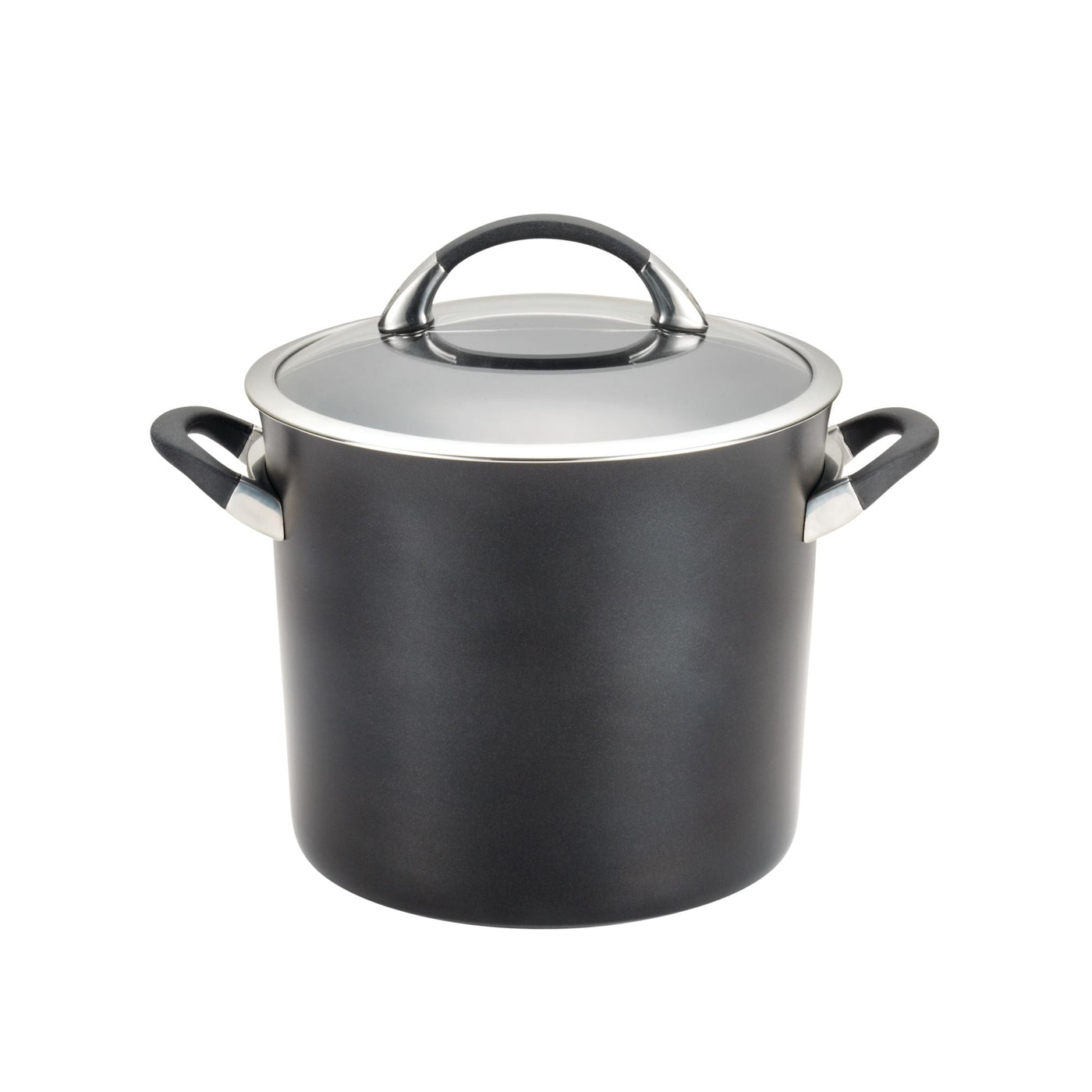 A sleek saucepan from the 11-Piece Cookware Set: Nonstick & Hard-Anodized, in black with a glass lid and handles, showcasing its durable hard-anodized construction, sits elegantly on a white background.
