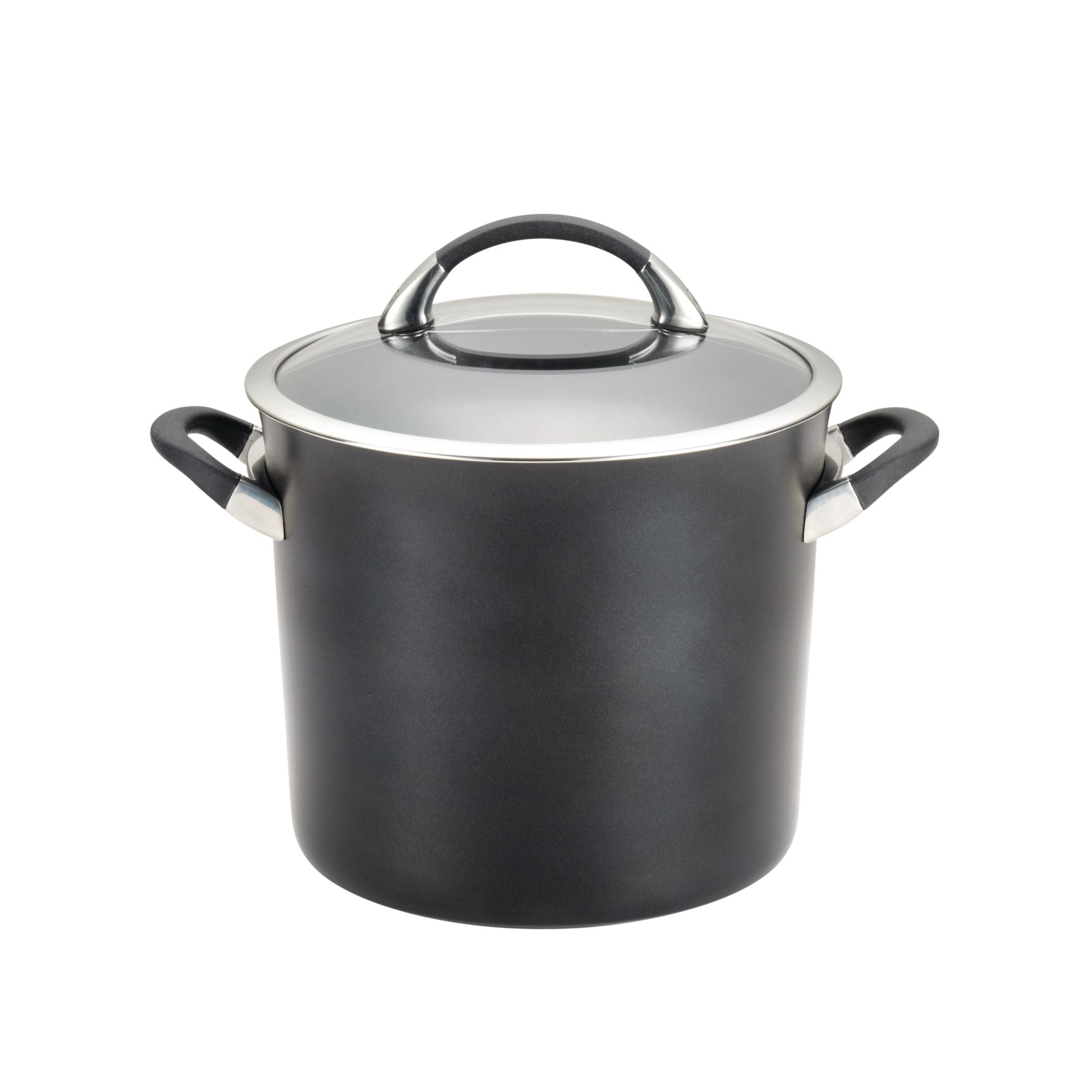 A sleek saucepan from the 11-Piece Cookware Set: Nonstick & Hard-Anodized, in black with a glass lid and handles, showcasing its durable hard-anodized construction, sits elegantly on a white background.