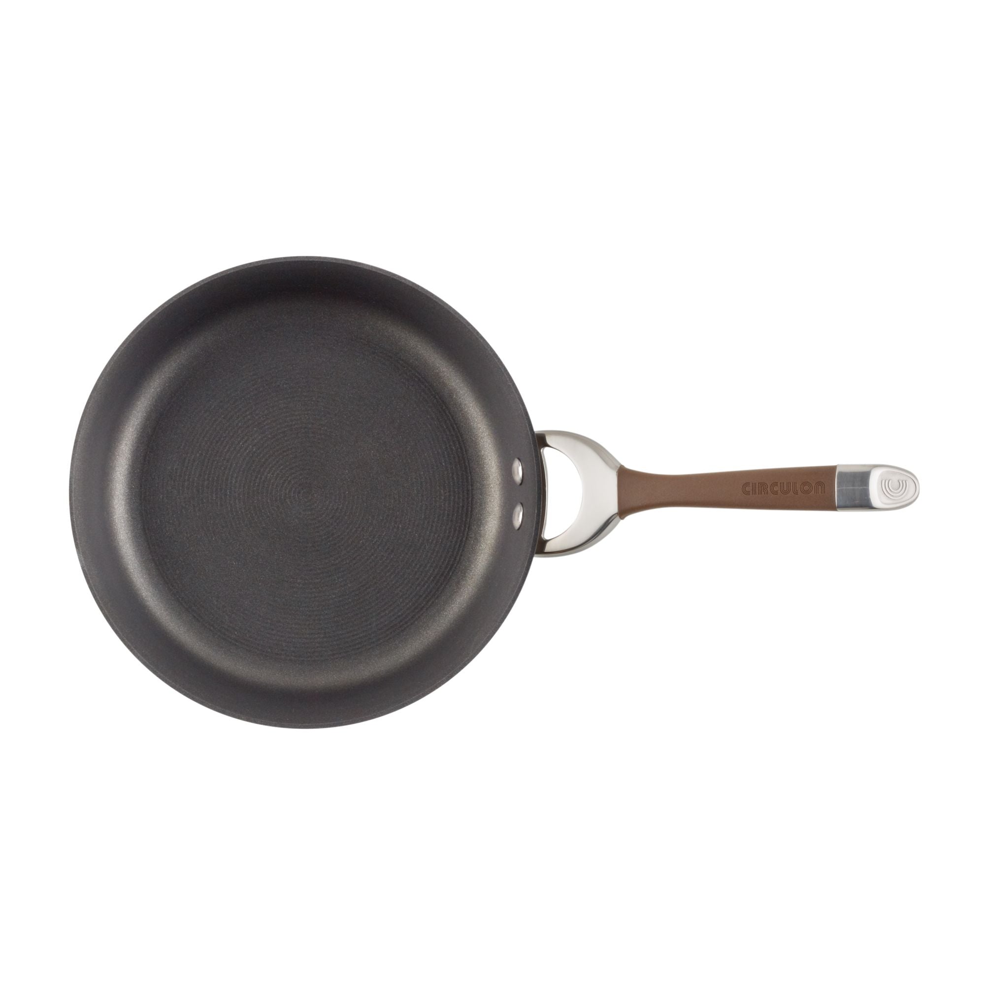 This Hard-Anodized Frying Pan Set, featuring a sophisticated brown handle, is viewed from above, showcasing its reliable nonstick system. Ideal for those with an induction stovetop-safe kitchen setup.