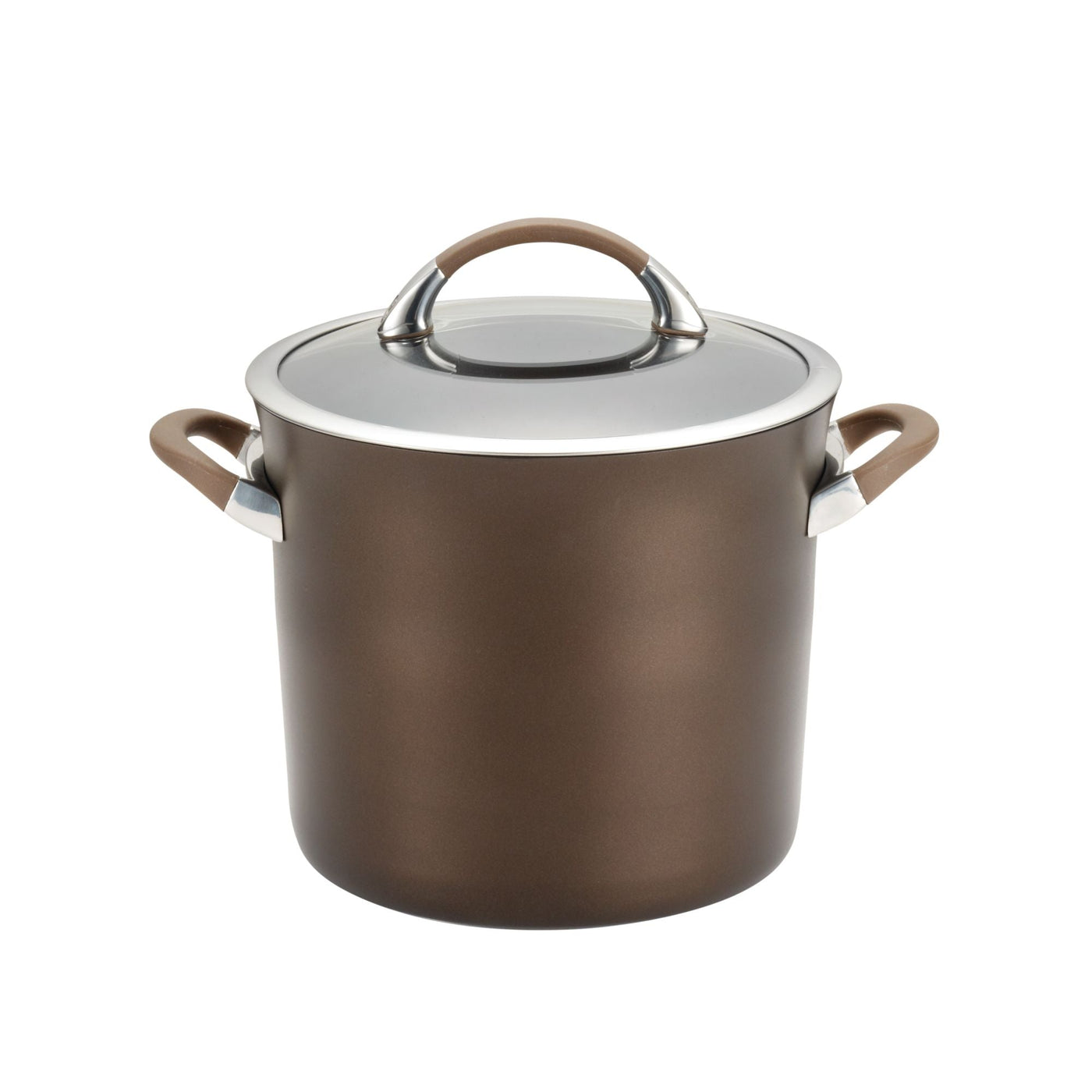 Hard-anodized brown cooking pot with lid and handles, set against a white background, offers enhanced durability and performance. Part of the 11-Piece Cookware Set: Nonstick & Hard-Anodized.