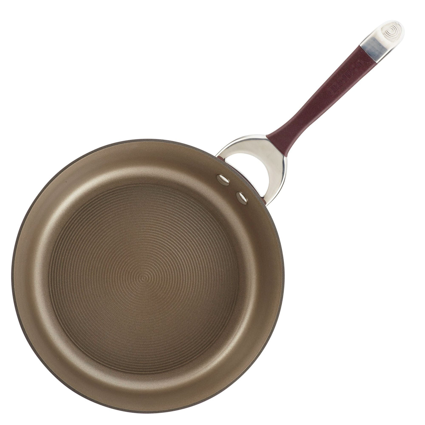 Hard-Anodized Frying Pan Set with a non-stick surface, showcased from above with its brown interior and handle.